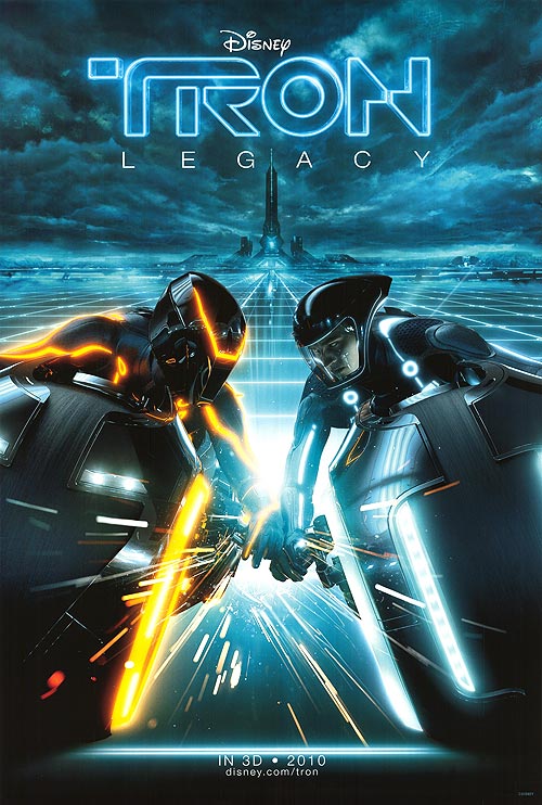 Two people on tron bikes leaning into each other with the title 'Tron Legacy' above